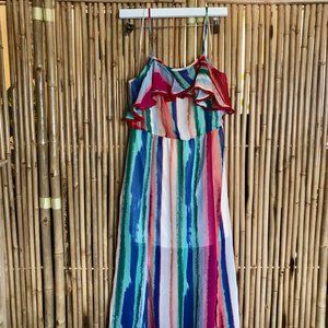 Colorful striped maxi dress with boho pom-pom lining